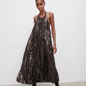 Zara Sequin A Line Midi Halter Dress - Brown